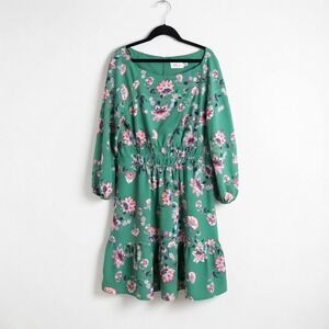 Eliza J Green Floral Smocked Waist Long Sleeve Ruffle Hem Pocket Dress Size 14